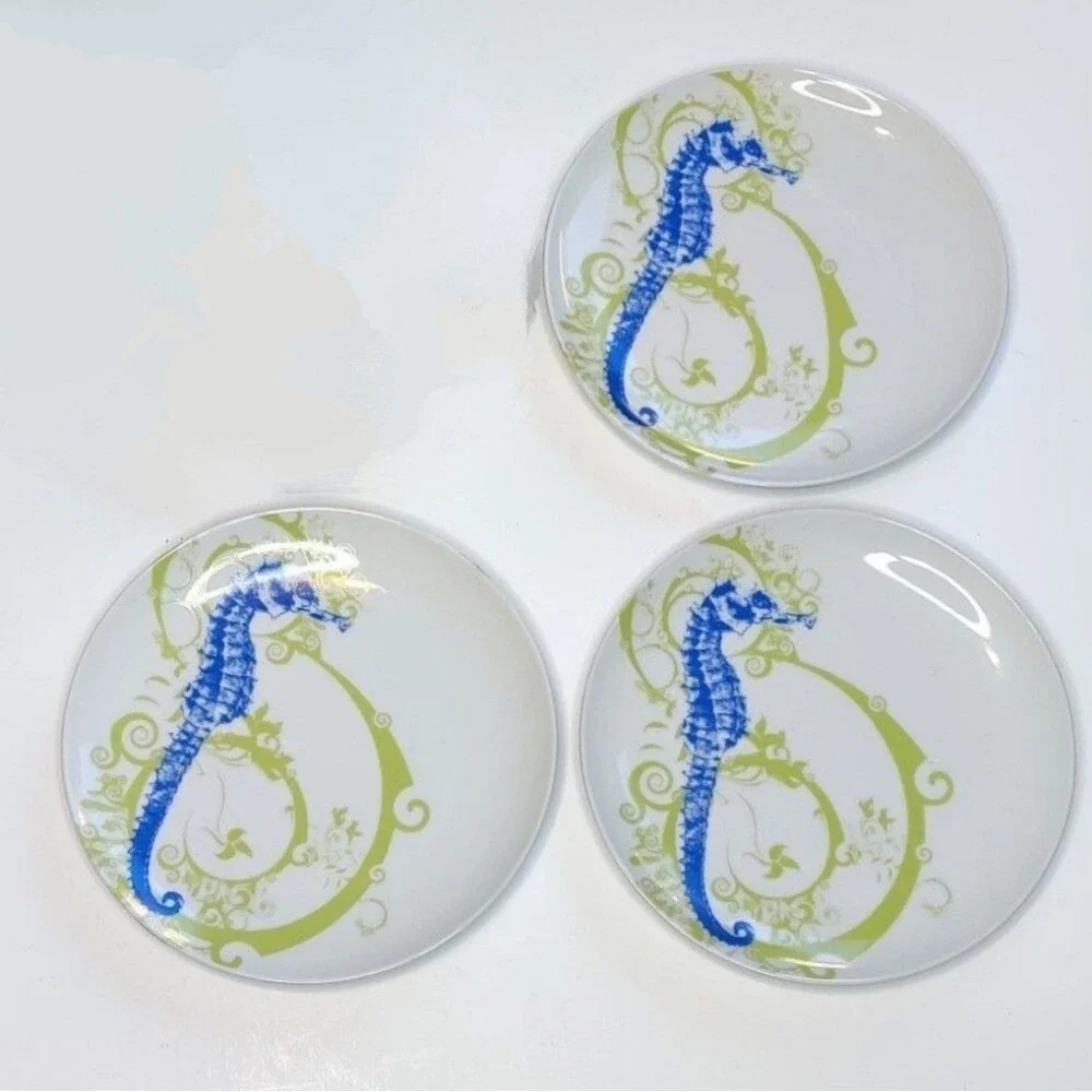 M Studios Seahorse Salad Plates Set Blue Lime‎ Green Coastal Nautical Magenta